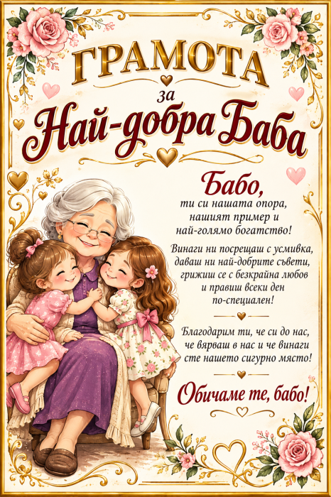 Грамота за Най-добра баба - Уникален подарък от внуци
