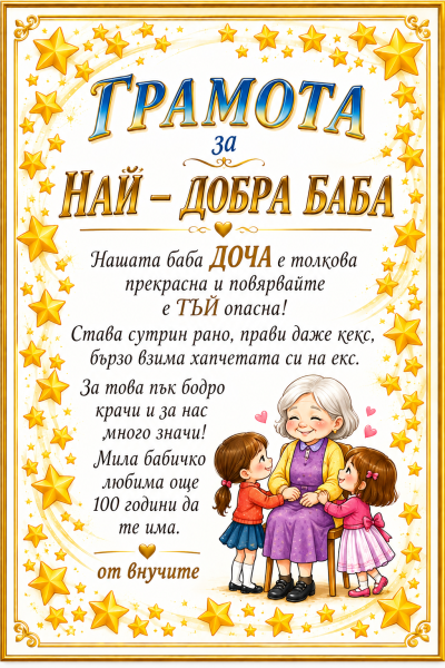 Грамота за Най-добра баба - Уникален подарък от внуци